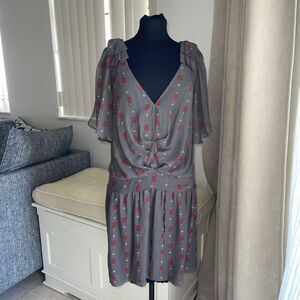 Hype Anthropology Dress Silk Gray Floral Print Lined Pleated Cinch Waist 6